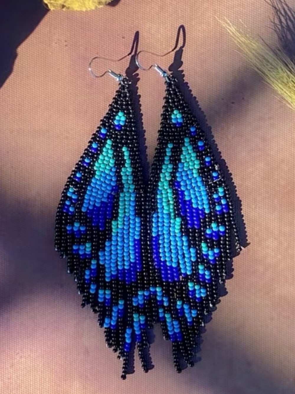 Bohemian Handmade Blue Morpho Butterfly Beaded Fringe Earrings